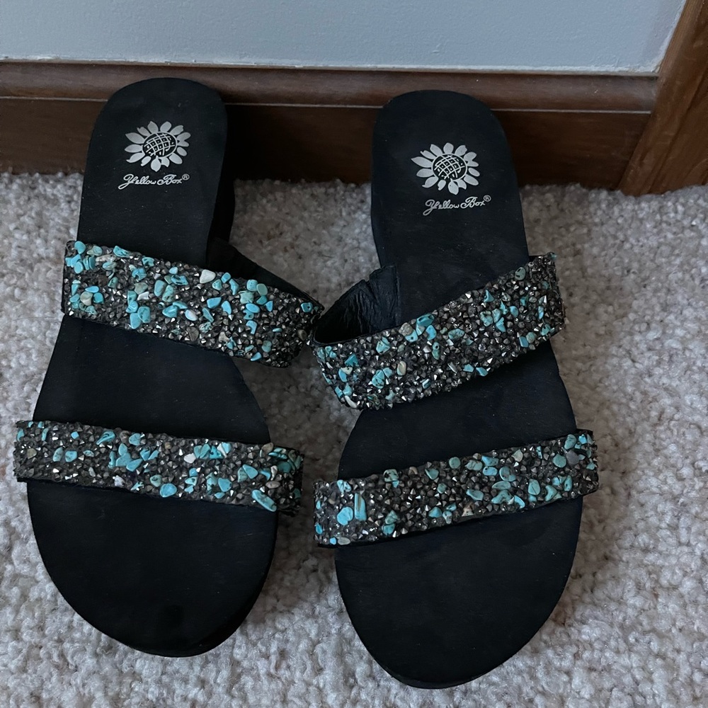 Yellow Box Sandals with Turquoise and Stone details on straps